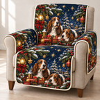 Basset Hound Toy Train printed Christmas quilted sofa cover; design mockup showing a flat printed depth effect.