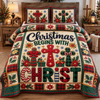 Christmas Begins With Christ quilted 3-piece bedding set on a made bed in a winter-styled bedroom