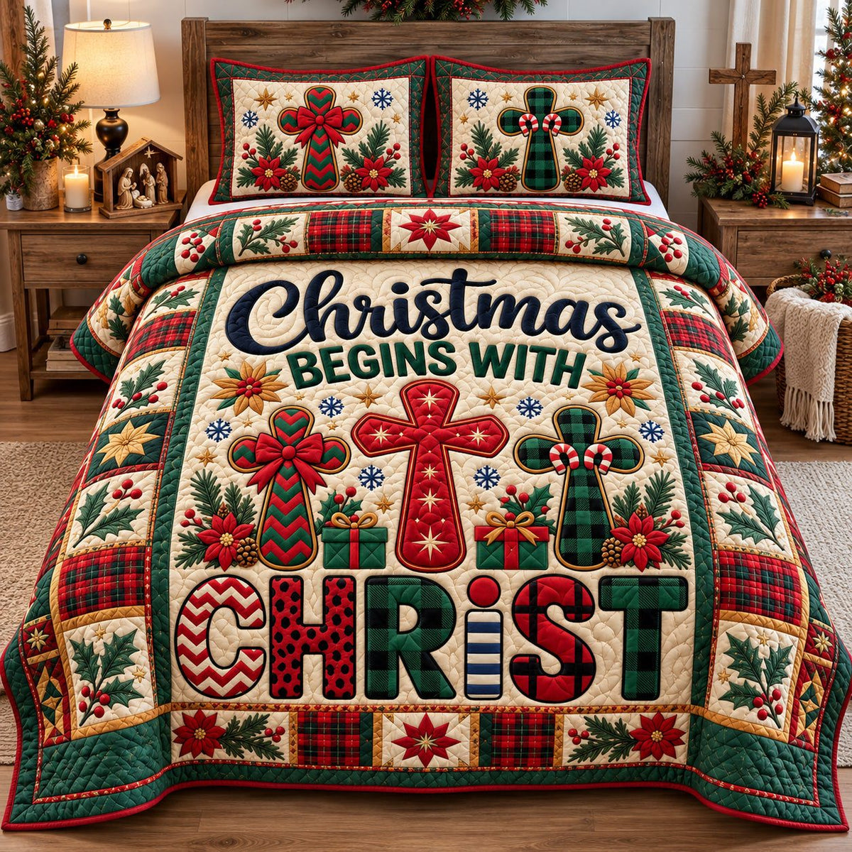 Christmas Begins With Christ quilted 3-piece bedding set on a made bed in a winter-styled bedroom