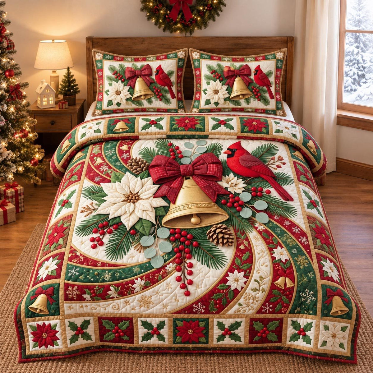 Christmas Bell Cardinal quilted 3-piece bedding set on a made bed in a winter-styled bedroom