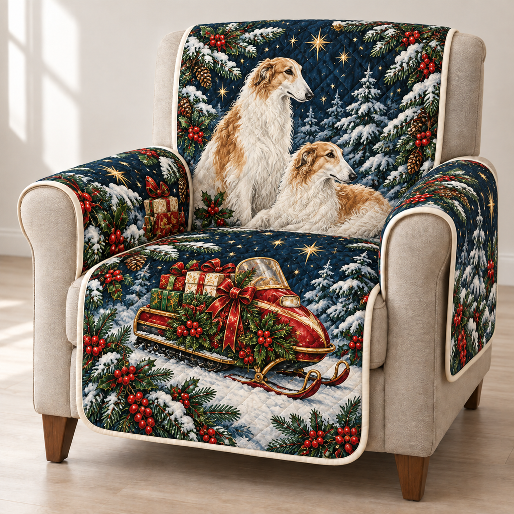 Borzoi Toy Snowmobile printed Christmas quilted sofa cover; design mockup showing a flat printed depth effect.