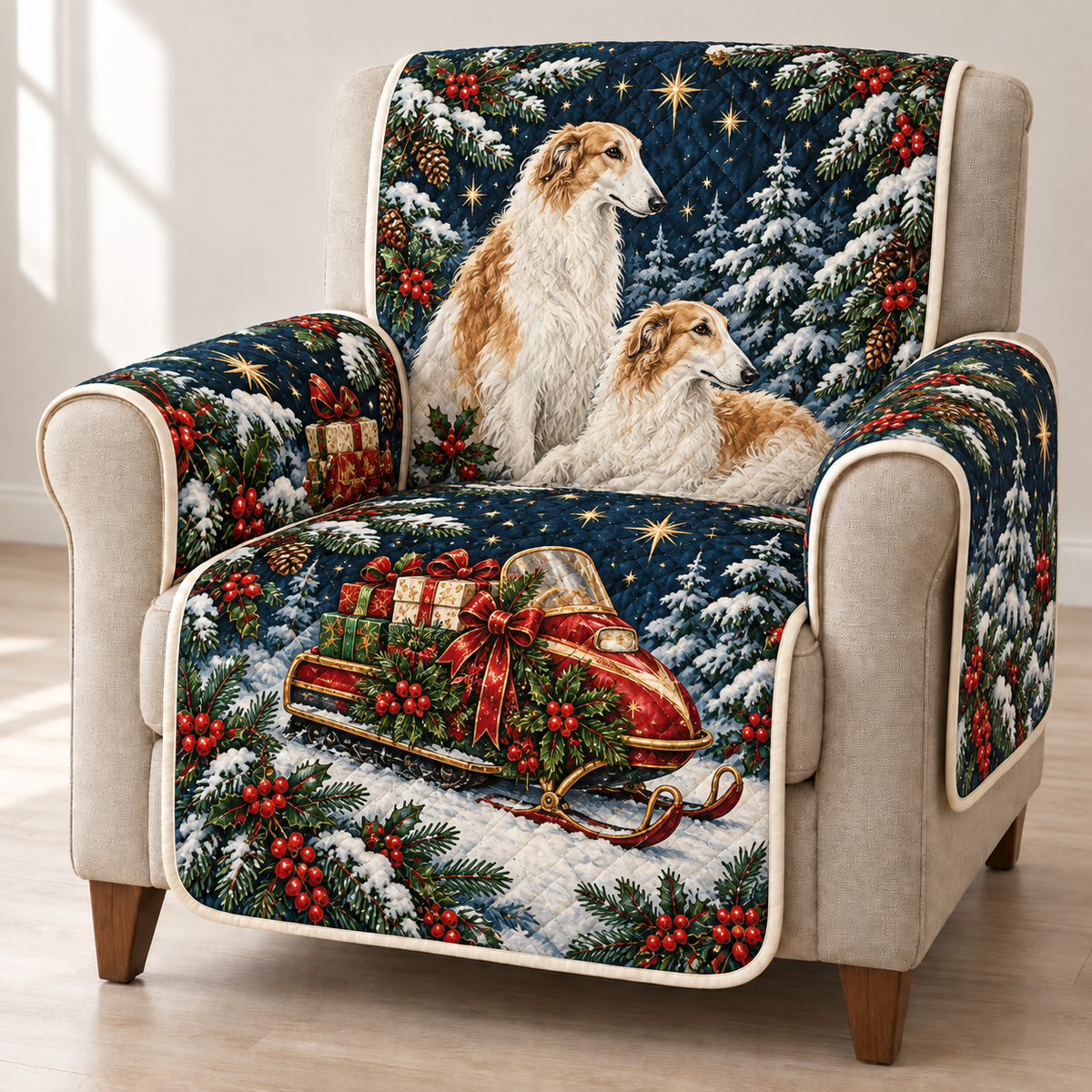 Borzoi Toy Snowmobile printed Christmas quilted sofa cover; design mockup showing a flat printed depth effect.