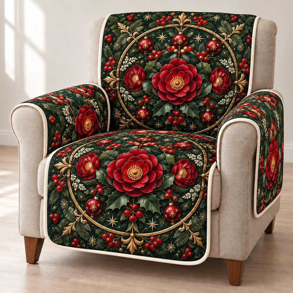 Camellia Ruby Mandala printed Christmas quilted sofa cover; design mockup showing a flat printed depth effect.