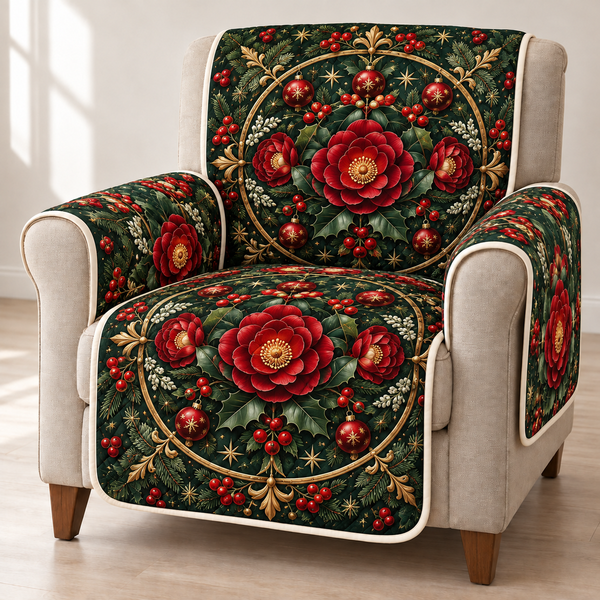 Camellia Ruby Mandala printed Christmas quilted sofa cover; design mockup showing a flat printed depth effect.