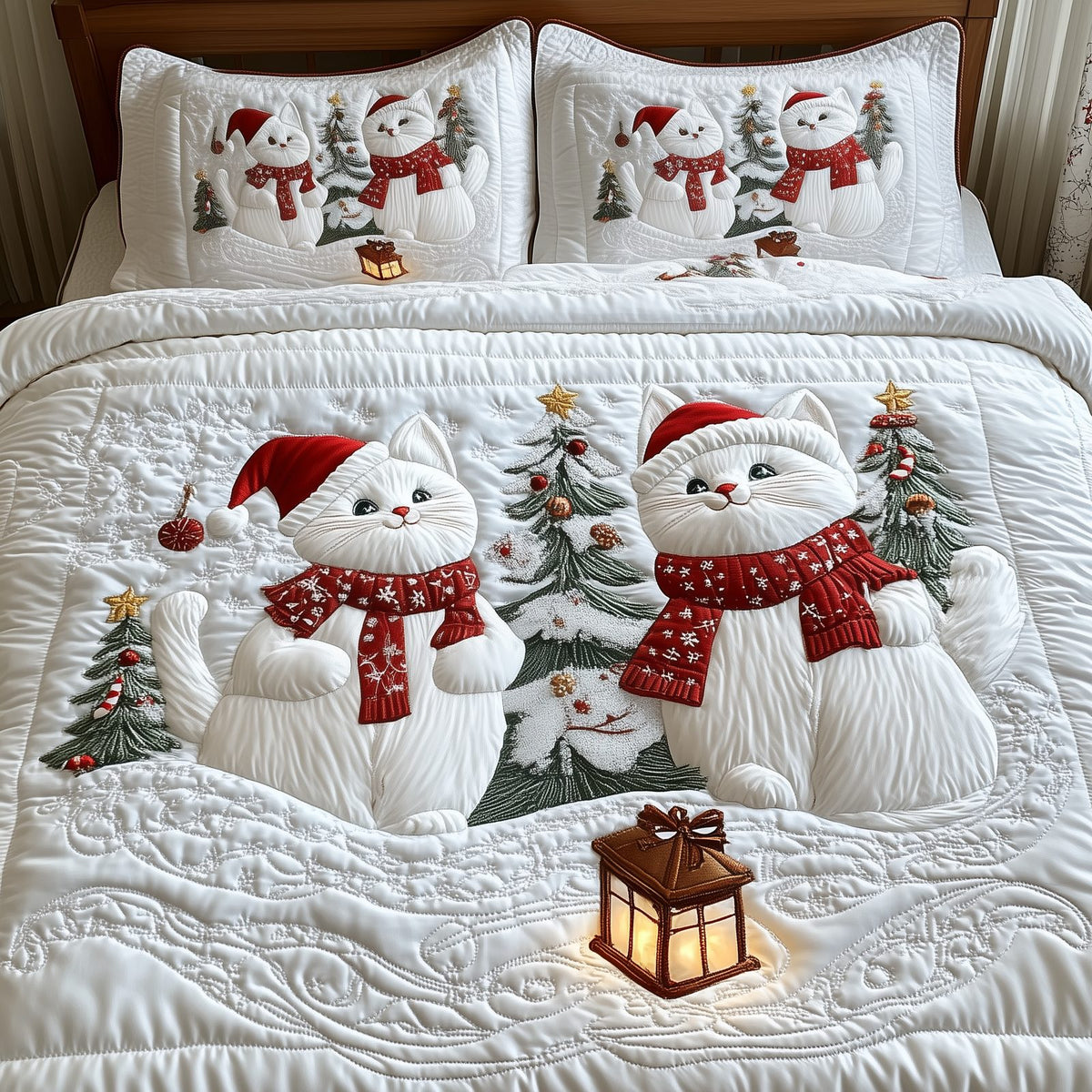 Christmas Cat 3-Piece Quilted Bedding Set GFTOTP1638 quilted 3-piece bedding set on a made bed in a winter-styled bedroom