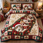 Christmas Cat Gift Stairway quilted 3-piece bedding set on a made bed in a winter-styled bedroom