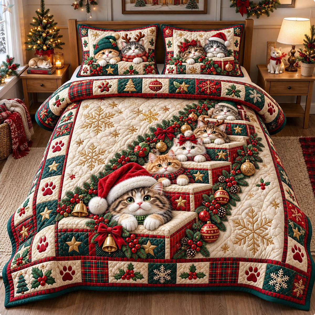 Christmas Cat Gift Stairway quilted 3-piece bedding set on a made bed in a winter-styled bedroom