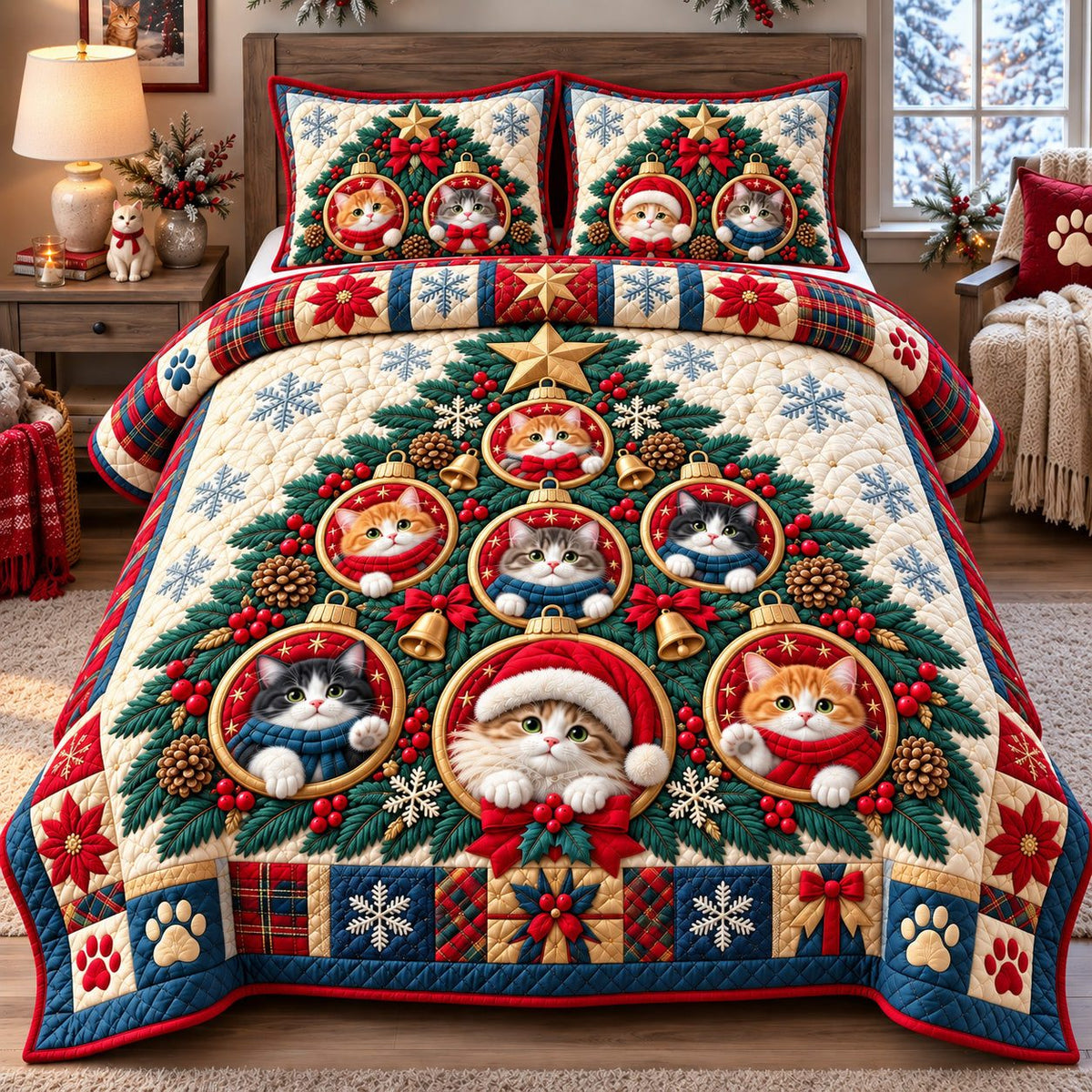 Christmas Cat Ornament Tree quilted 3-piece bedding set on a made bed in a winter-styled bedroom