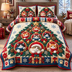 Christmas Cat Ornament Tree quilted 3-piece bedding set on a made bed in a winter-styled bedroom