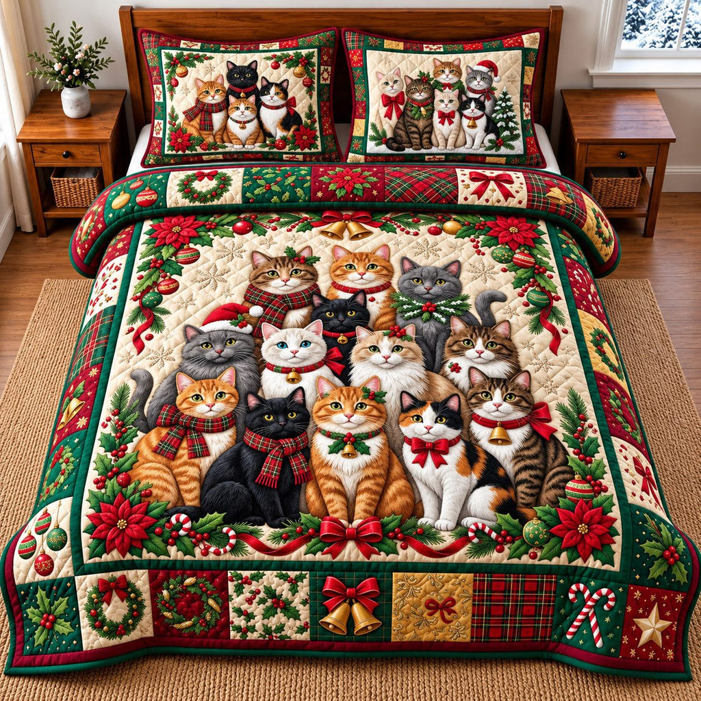 Christmas Cat quilted 3-piece bedding set on a made bed in a winter-styled bedroom