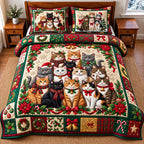 Christmas Cat quilted 3-piece bedding set on a made bed in a winter-styled bedroom