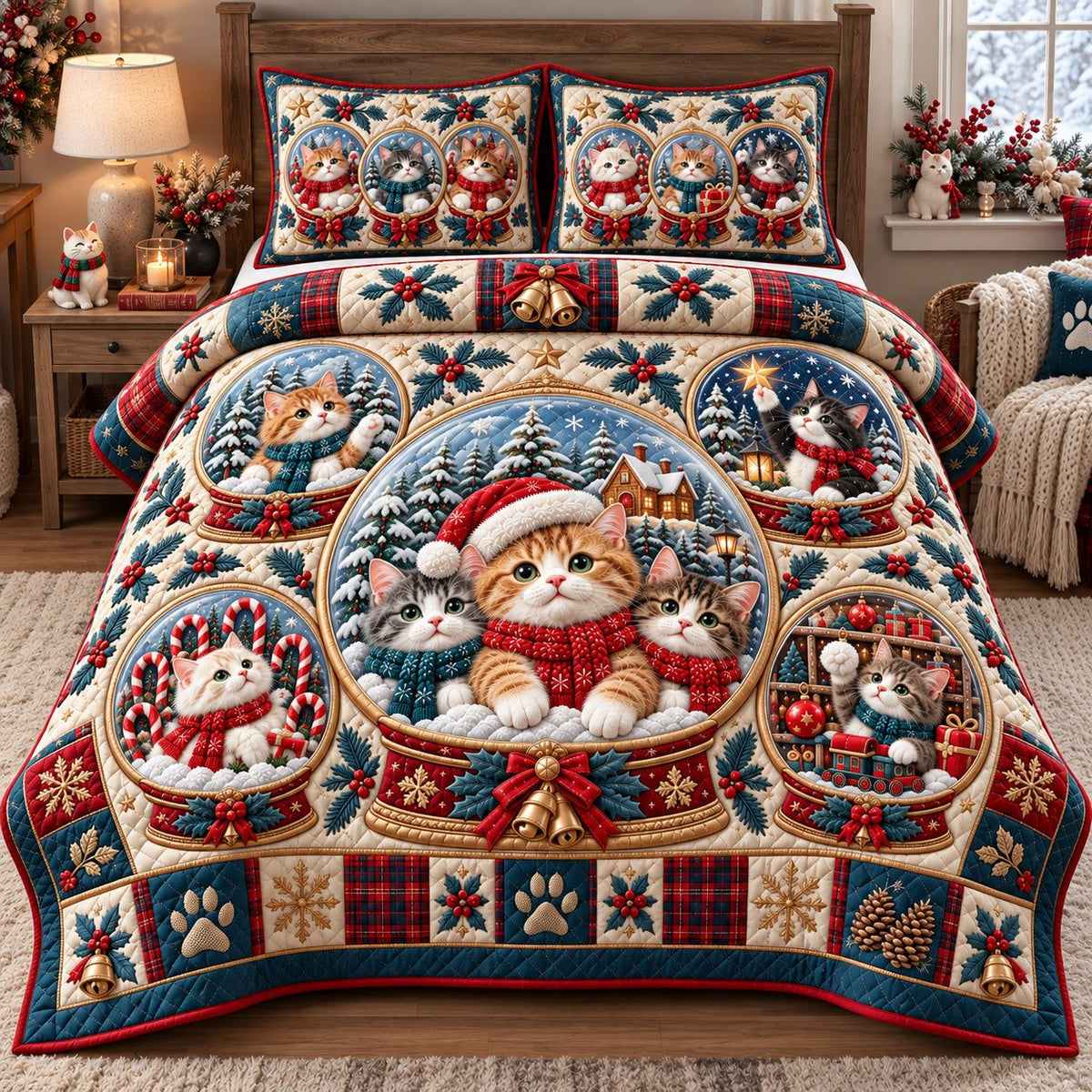Christmas Cat Snow Globes quilted 3-piece bedding set on a made bed in a winter-styled bedroom