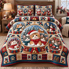 Christmas Cat Snow Globes quilted 3-piece bedding set on a made bed in a winter-styled bedroom