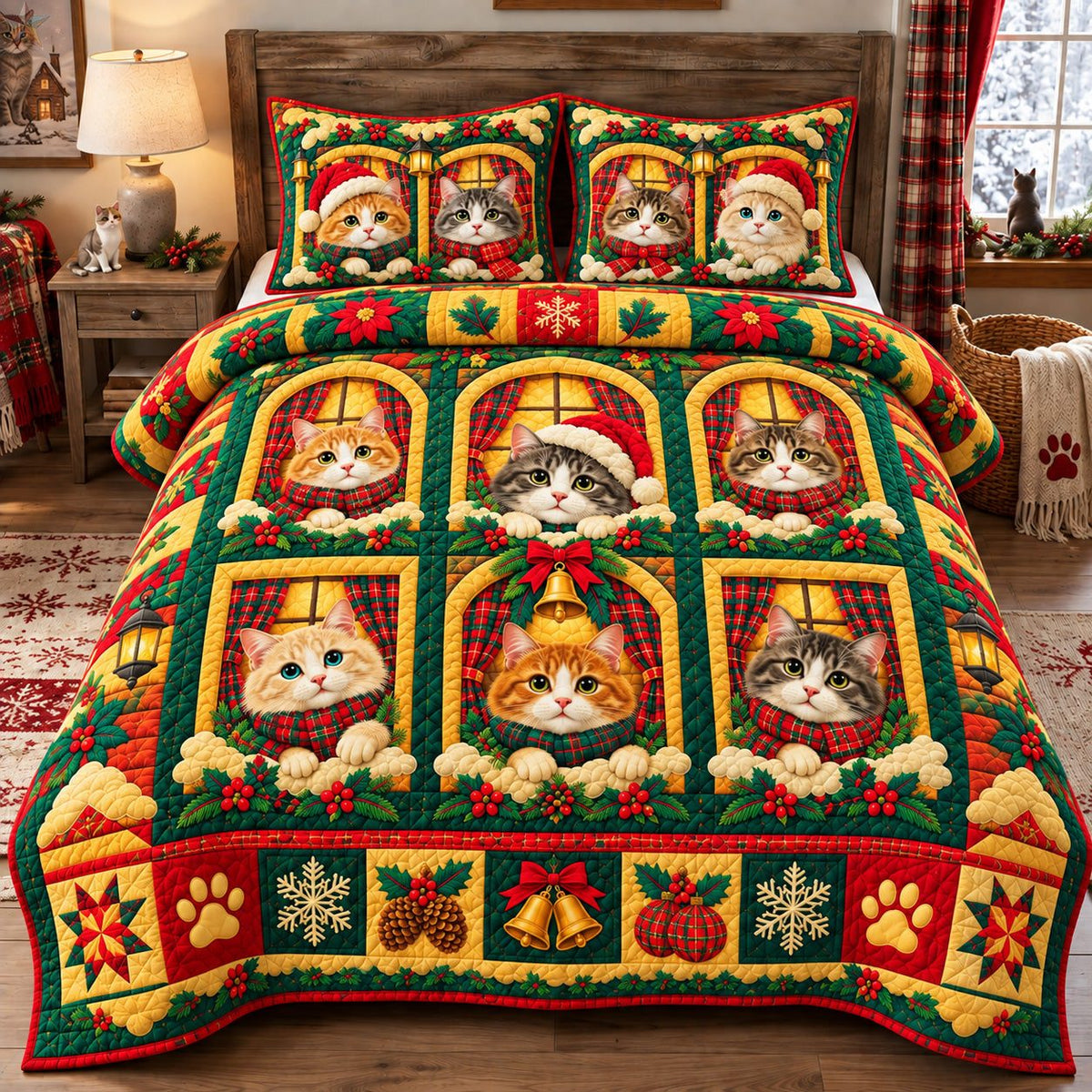 Christmas Cats At The Window quilted 3-piece bedding set on a made bed in a winter-styled bedroom
