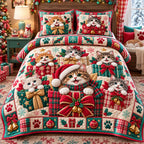 Christmas Cats In Gift Boxes quilted 3-piece bedding set on a made bed in a winter-styled bedroom