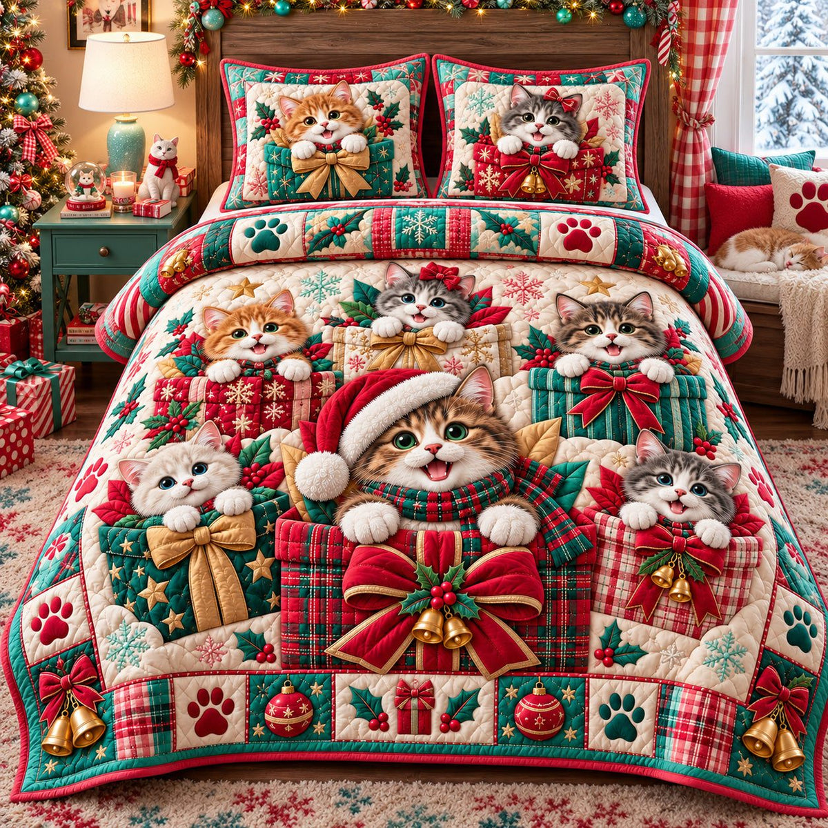 Christmas Cats In Gift Boxes quilted 3-piece bedding set on a made bed in a winter-styled bedroom