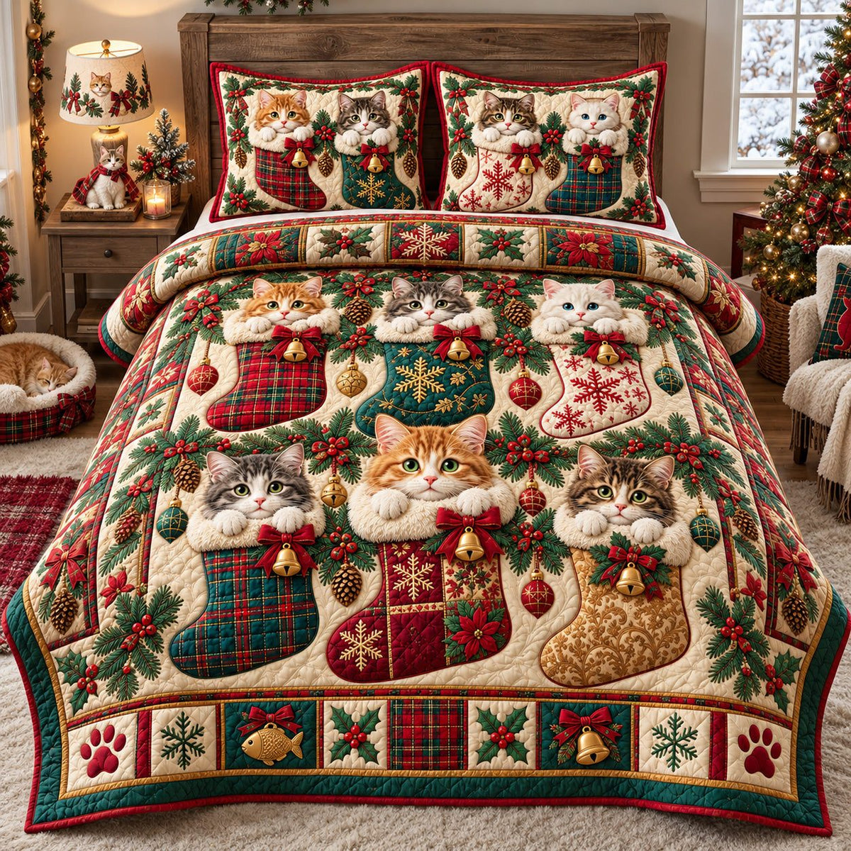 Christmas Cats In Stockings quilted 3-piece bedding set on a made bed in a winter-styled bedroom