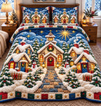 Christmas Chapel Village quilted 3-piece bedding set on a made bed in a winter-styled bedroom