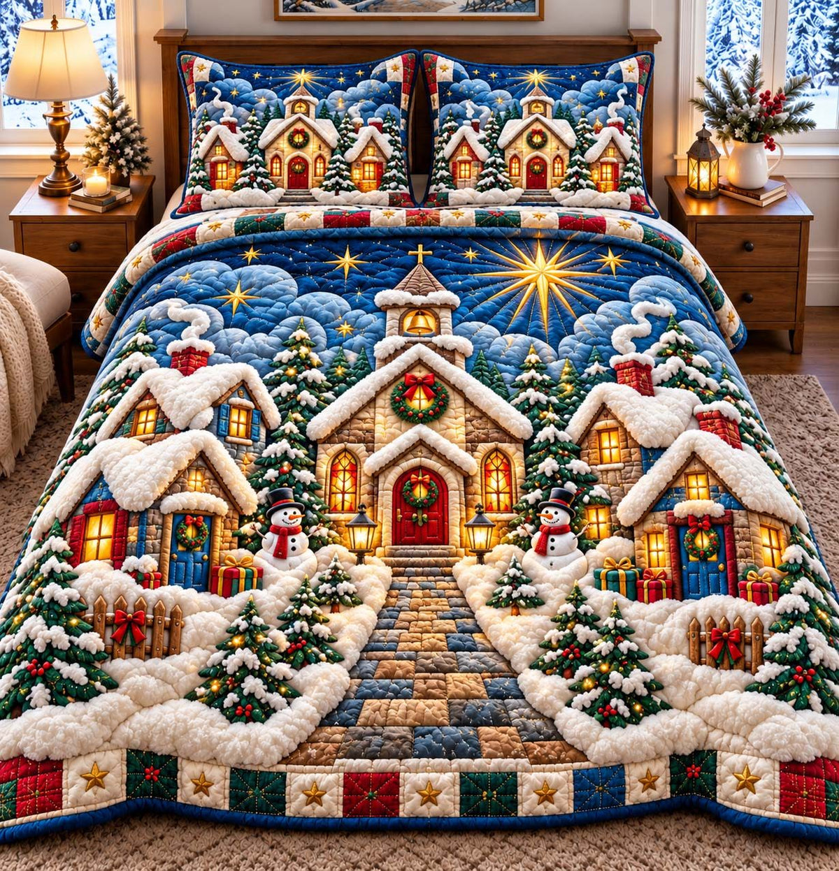Christmas Chapel Village quilted 3-piece bedding set on a made bed in a winter-styled bedroom