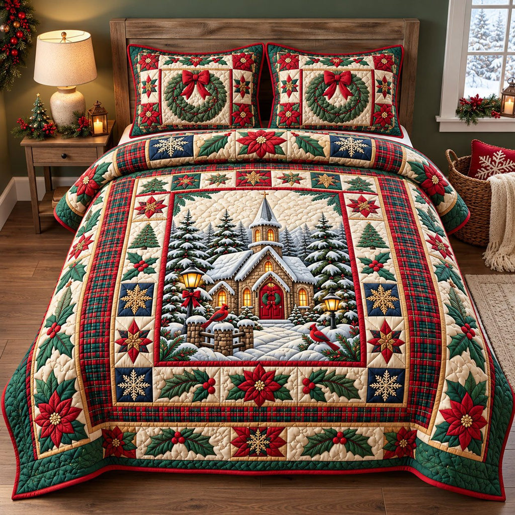 Christmas Church Night quilted 3-piece bedding set on a made bed in a winter-styled bedroom