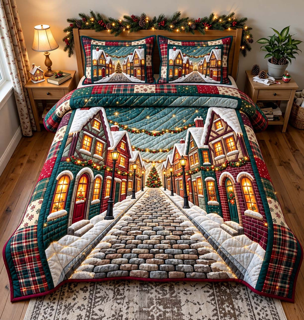 Christmas Cobblestone Street quilted 3-piece bedding set on a made bed in a winter-styled bedroom