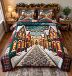 Christmas Cobblestone Street quilted 3-piece bedding set on a made bed in a winter-styled bedroom