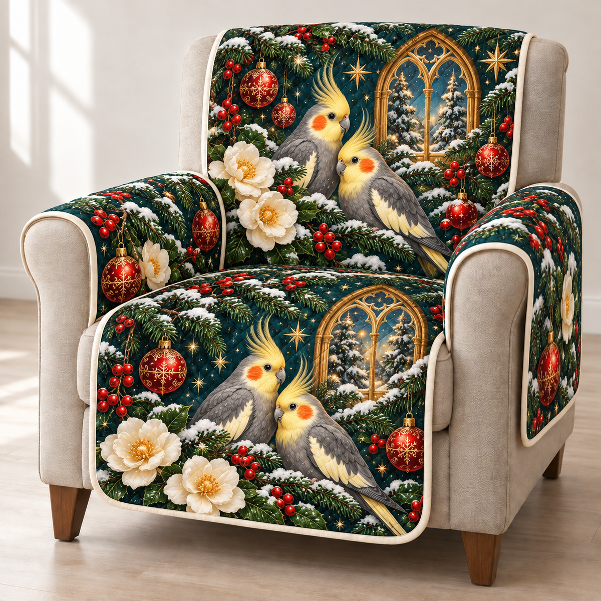 Cockatiel Camellia Window printed Christmas quilted sofa cover; design mockup showing a flat printed depth effect.