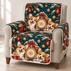 Corgi Gingerbread Clock printed Christmas quilted sofa cover; design mockup showing a flat printed depth effect.