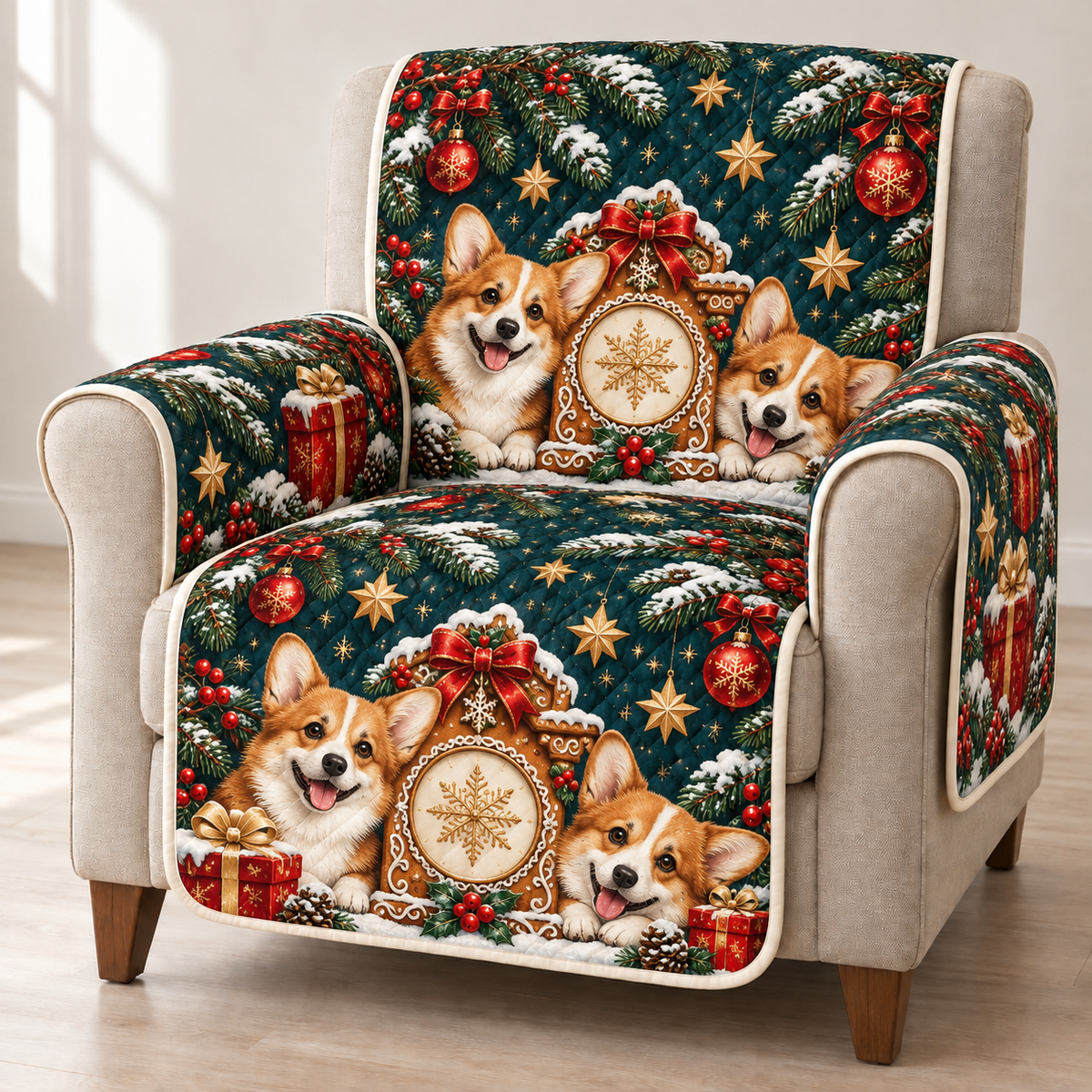 Corgi Gingerbread Clock printed Christmas quilted sofa cover; design mockup showing a flat printed depth effect.