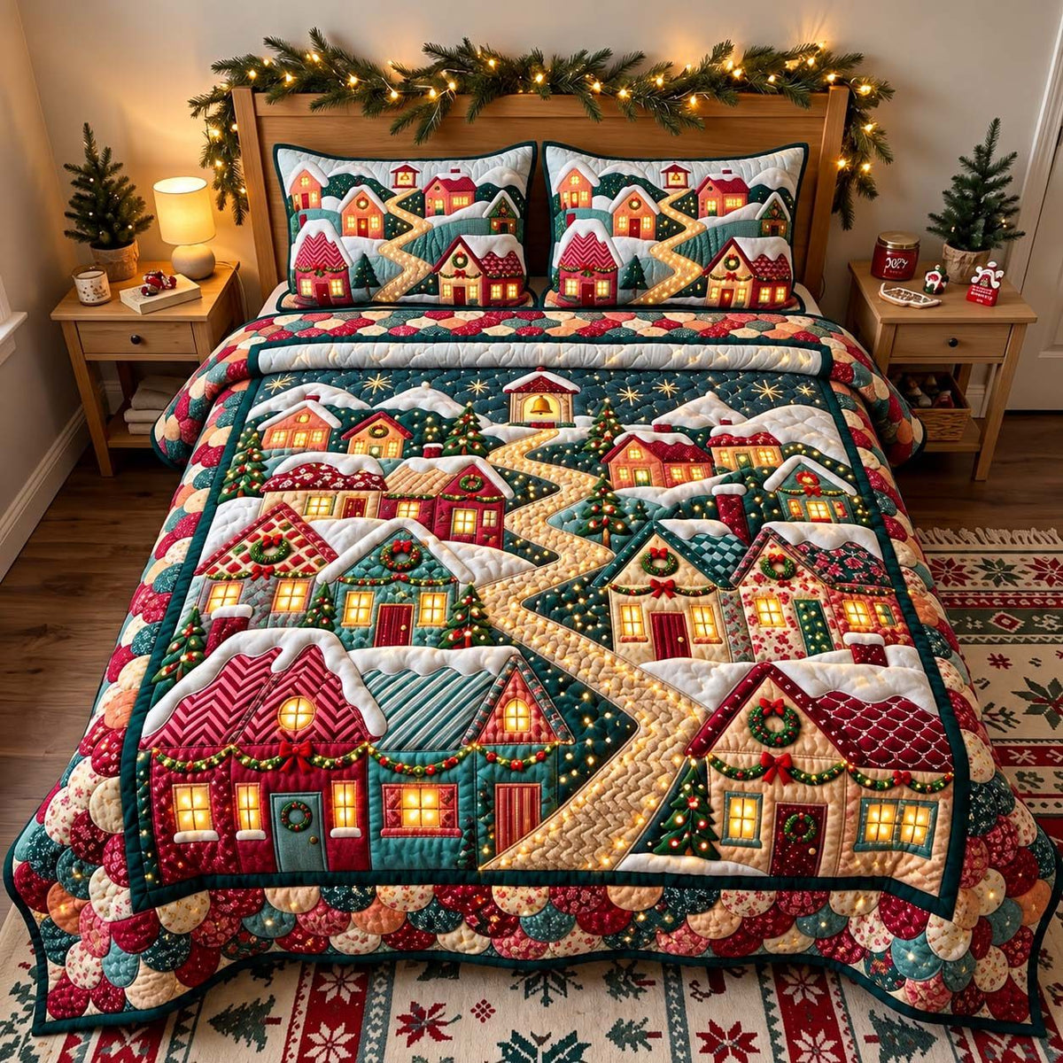 Christmas Cottage Lane quilted 3-piece bedding set on a made bed in a winter-styled bedroom