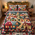 Christmas Cottage Lane quilted 3-piece bedding set on a made bed in a winter-styled bedroom