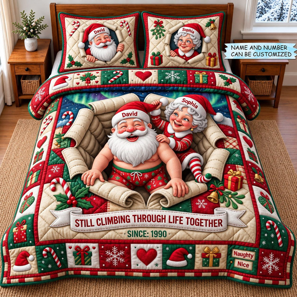 Christmas Couple 3-Piece Quilted Bedding Set QTCUZ quilted 3-piece bedding set on a made bed in a winter-styled bedroom