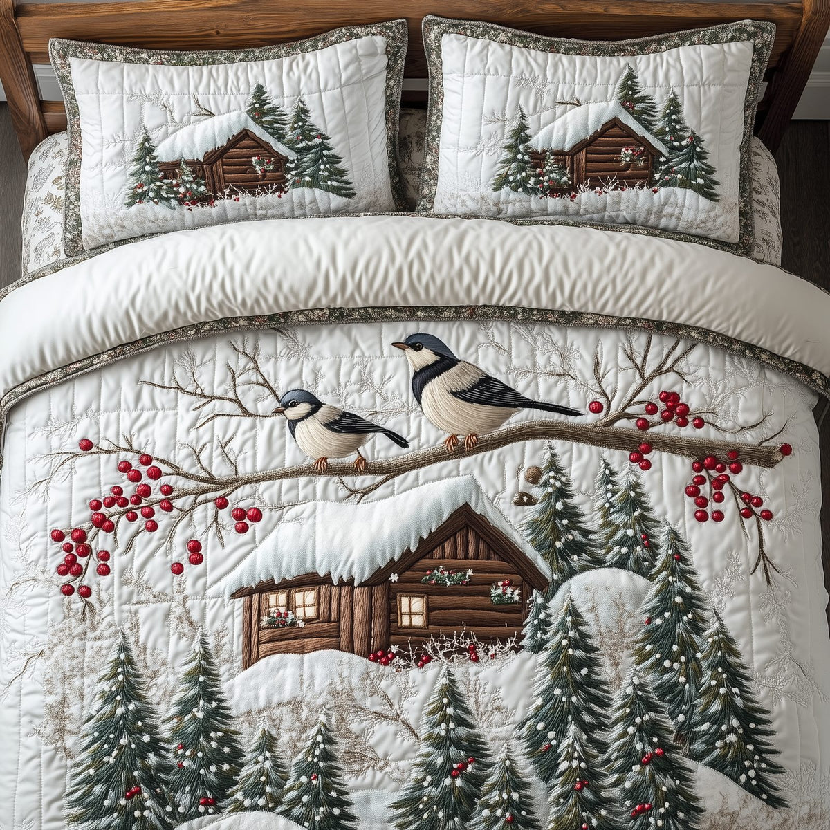 Christmas Cozy Cabin 3-Piece Quilted Bedding Set GFTOHD978 quilted 3-piece bedding set on a made bed in a winter-styled bedroom