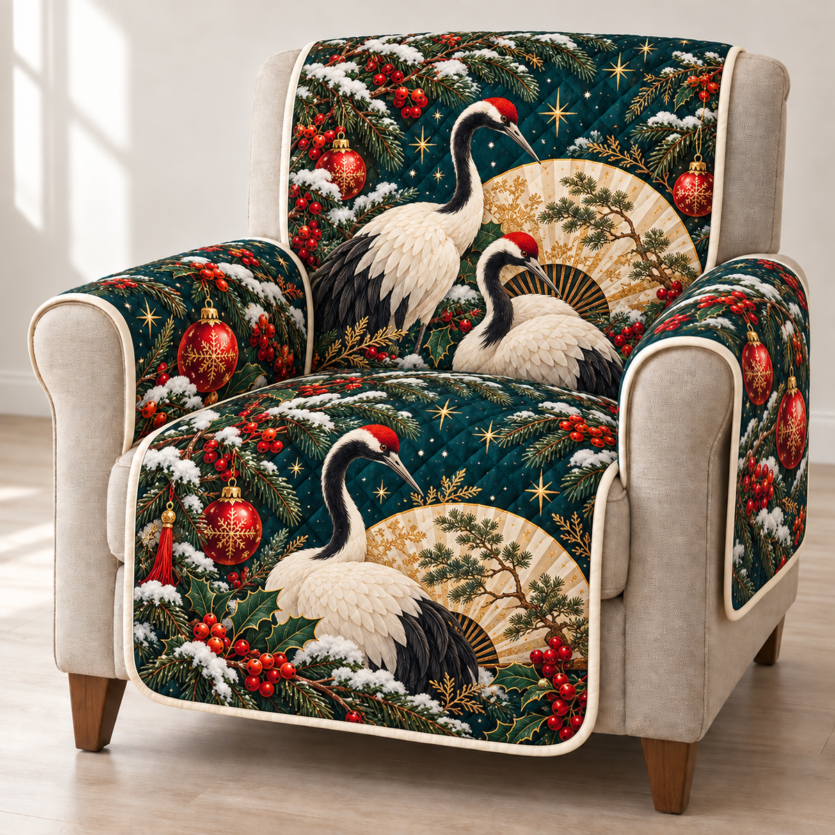 Crane Pearl Fan printed Christmas quilted sofa cover; design mockup showing a flat printed depth effect.