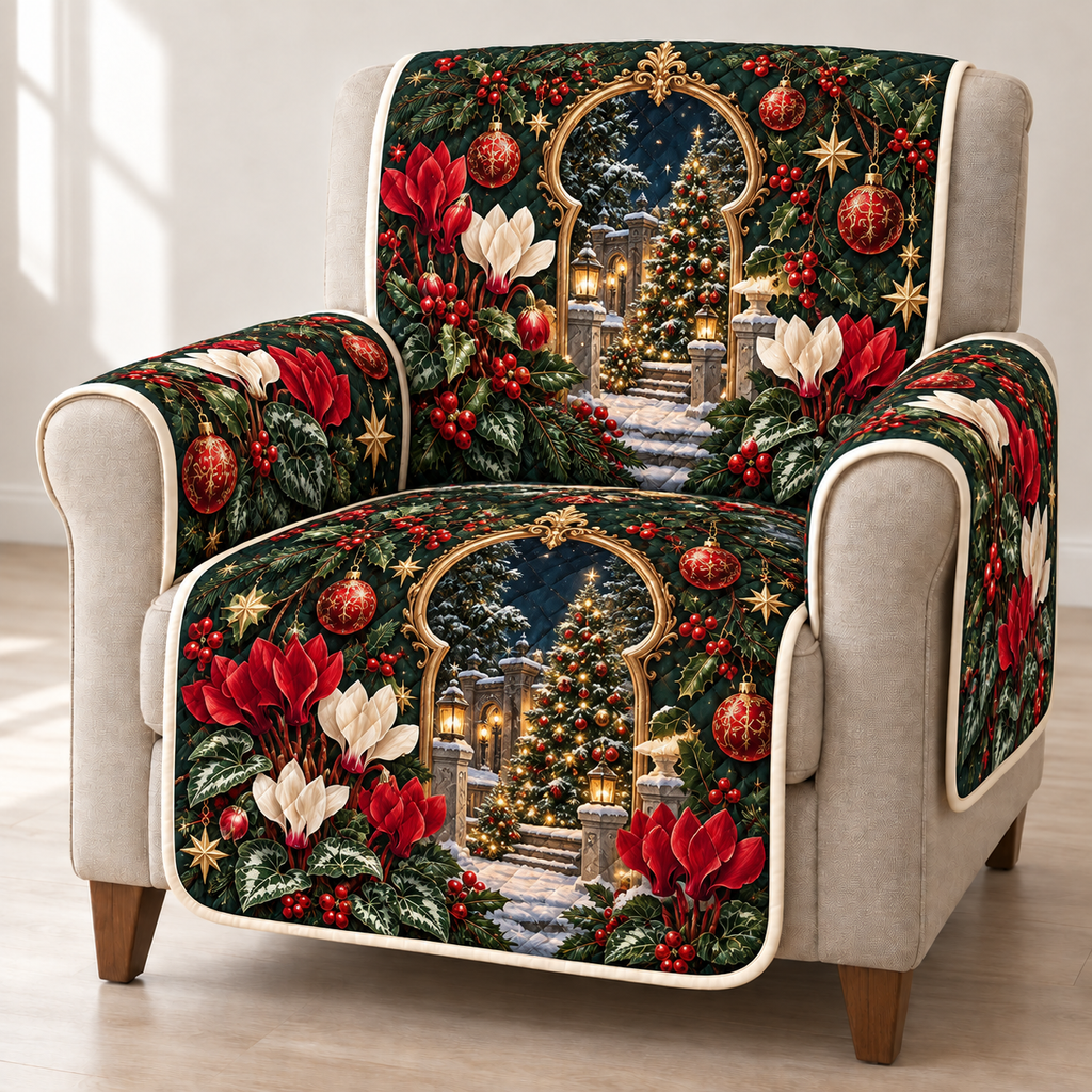 Cyclamen Golden Keyhole printed Christmas quilted sofa cover; design mockup showing a flat printed depth effect.