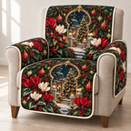 Cyclamen Golden Keyhole printed Christmas quilted sofa cover; design mockup showing a flat printed depth effect.