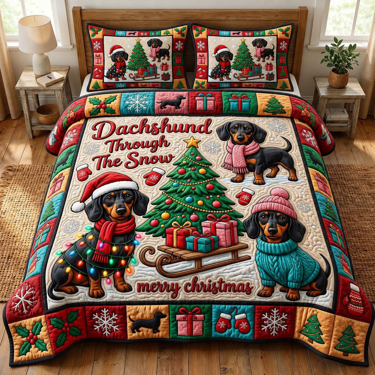 Christmas Dachshund 3-Piece Quilted Bedding Set GFTONMU2020 quilted 3-piece bedding set on a made bed in a winter-styled bedroom