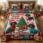 Christmas Dachshund 3-Piece Quilted Bedding Set GFTONMU2020 quilted 3-piece bedding set on a made bed in a winter-styled bedroom