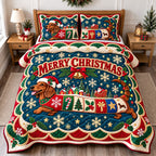 Christmas Dachshund Adventure quilted 3-piece bedding set on a made bed in a winter-styled bedroom