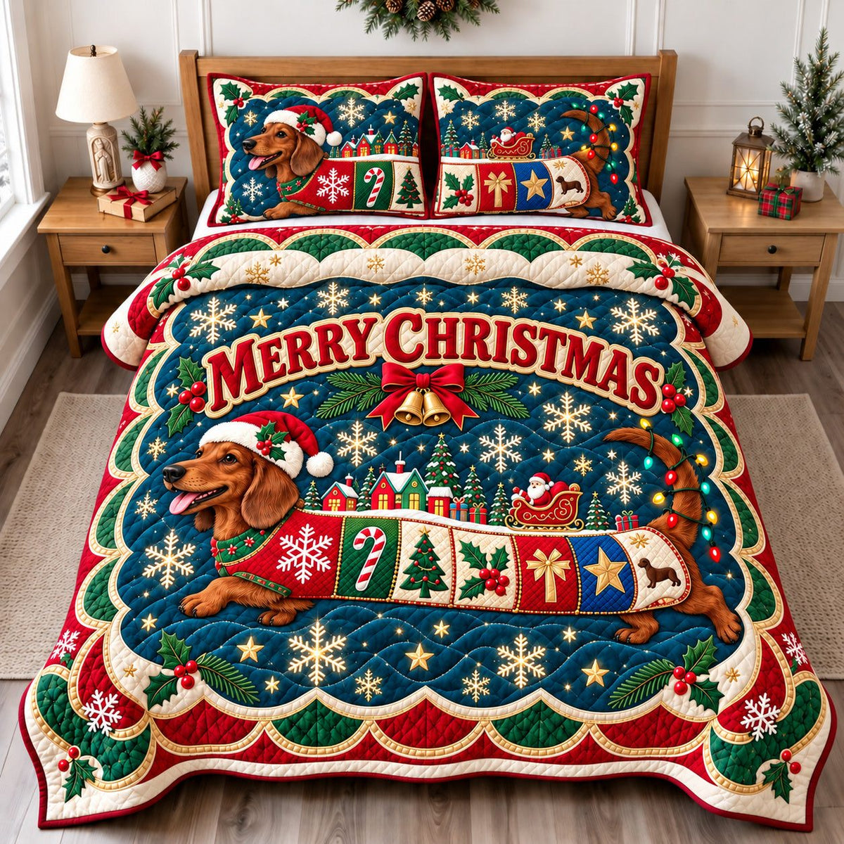 Christmas Dachshund Adventure quilted 3-piece bedding set on a made bed in a winter-styled bedroom