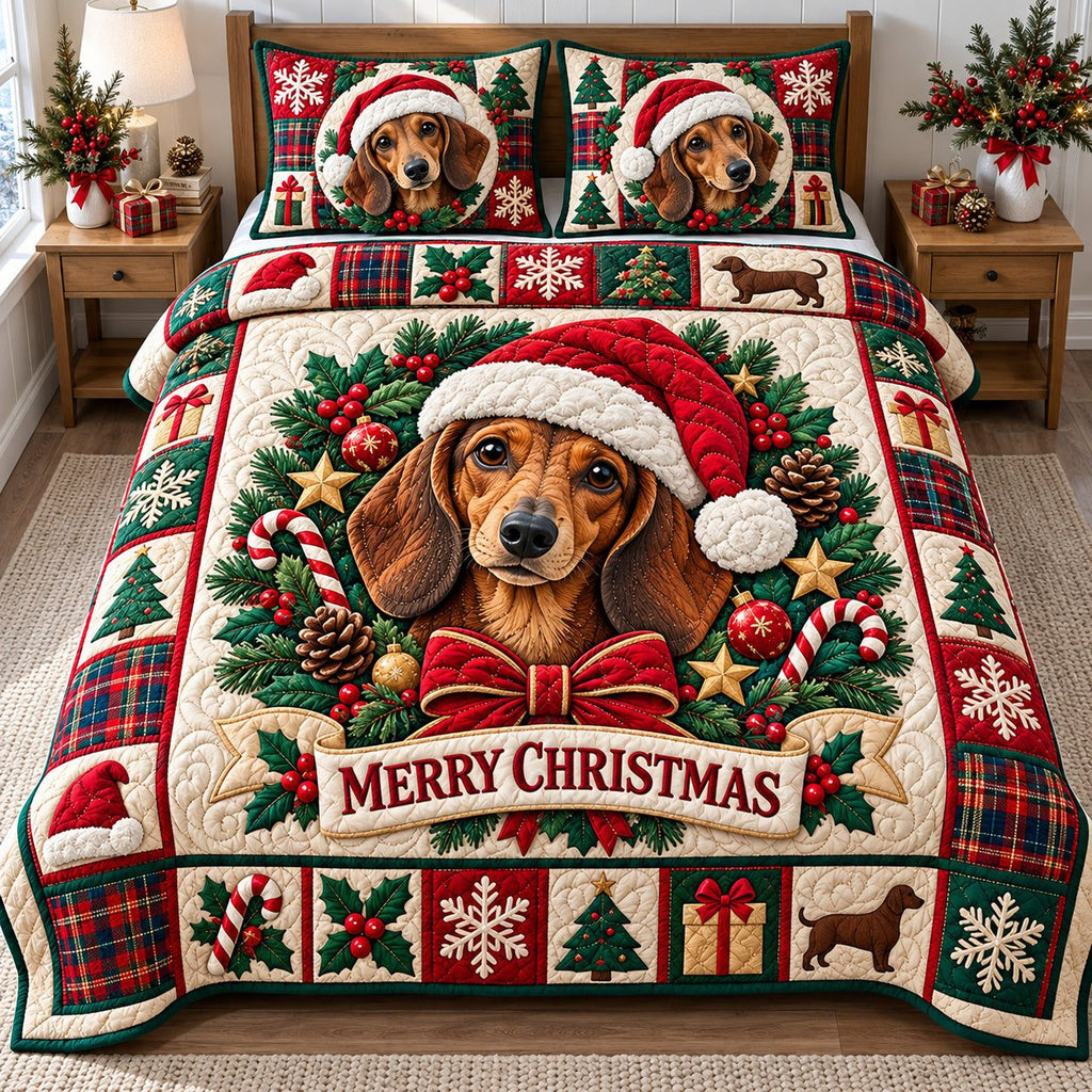 Christmas Dachshund Cheer quilted 3-piece bedding set on a made bed in a winter-styled bedroom