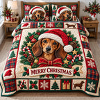Christmas Dachshund Cheer quilted 3-piece bedding set on a made bed in a winter-styled bedroom