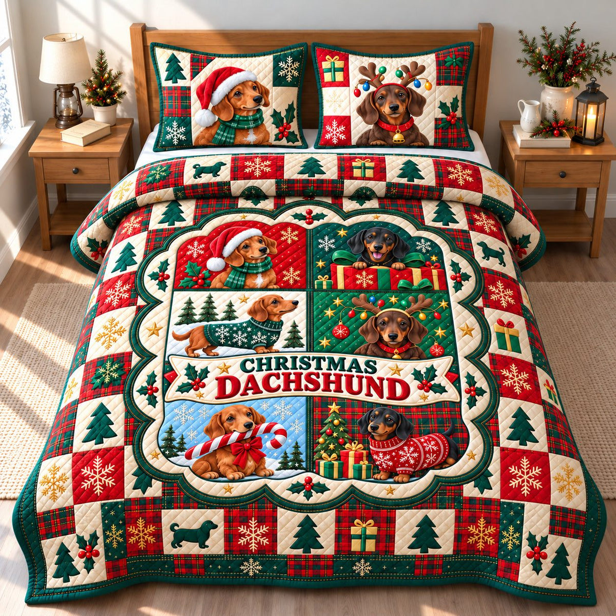 Christmas Dachshund Joy quilted 3-piece bedding set on a made bed in a winter-styled bedroom