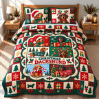 Christmas Dachshund Joy quilted 3-piece bedding set on a made bed in a winter-styled bedroom