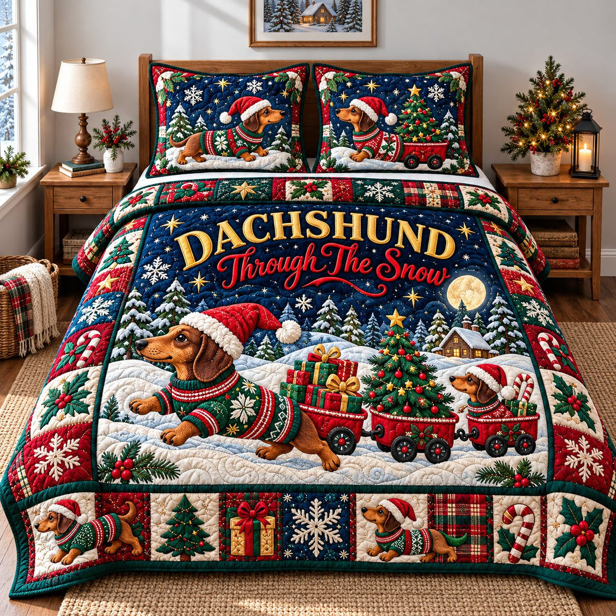 Christmas Dachshund Parade quilted 3-piece bedding set on a made bed in a winter-styled bedroom