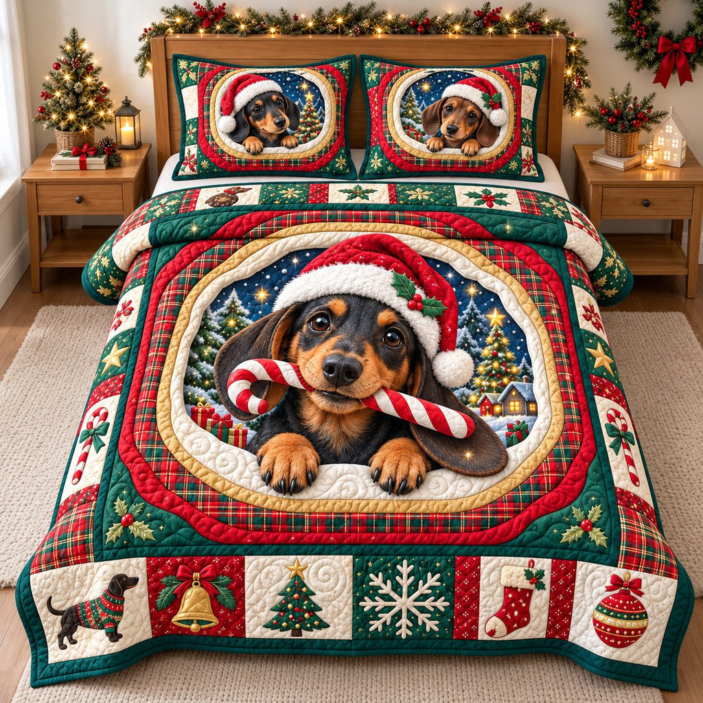 Christmas Dachshund Wishes quilted 3-piece bedding set on a made bed in a winter-styled bedroom