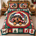 Christmas Dachshund Wishes quilted 3-piece bedding set on a made bed in a winter-styled bedroom