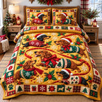 Christmas Dachshund Wonderland quilted 3-piece bedding set on a made bed in a winter-styled bedroom