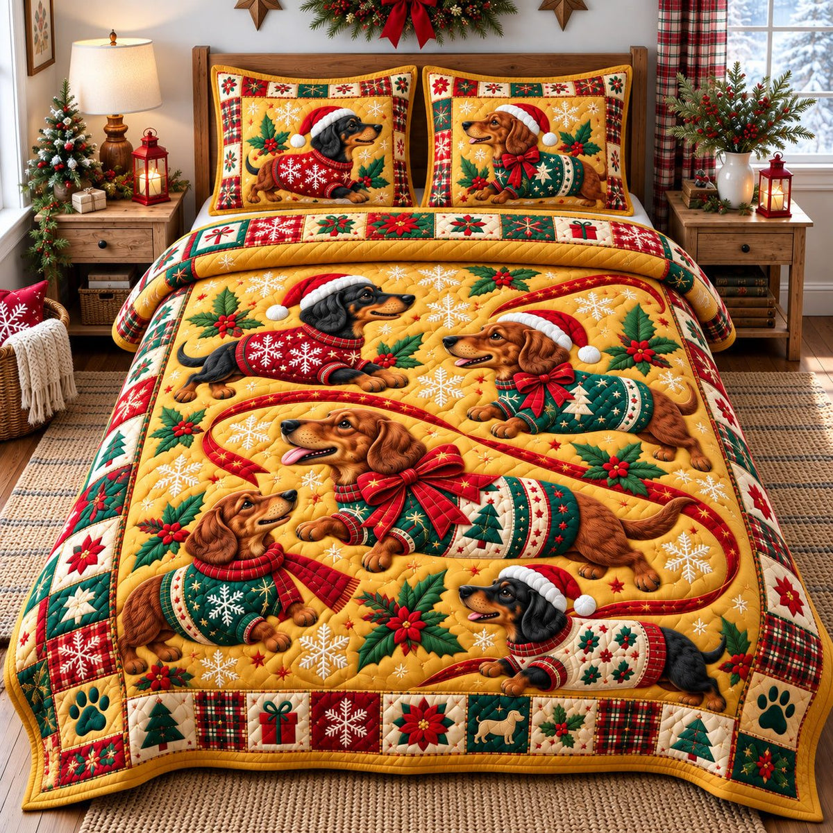 Christmas Dachshund Wonderland quilted 3-piece bedding set on a made bed in a winter-styled bedroom