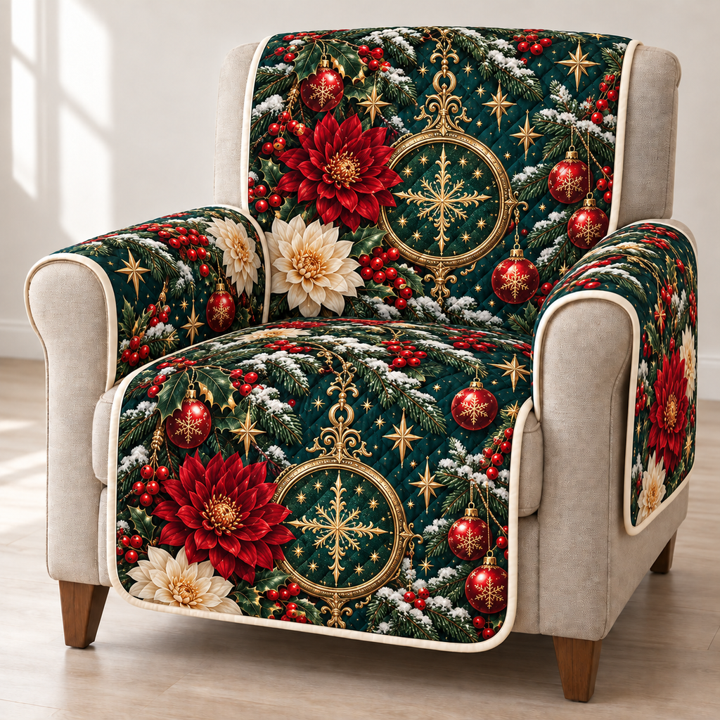 Dahlia Golden Celestial Clock printed Christmas quilted sofa cover; design mockup showing a flat printed depth effect.